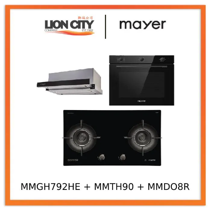 Mayer MMGH792HE 76cm 2 Burner Glass Gas Hob   MMTH90 Telescopic Hood   MMDO8R 60 cm Built-in Oven with Smoke Ventilation
