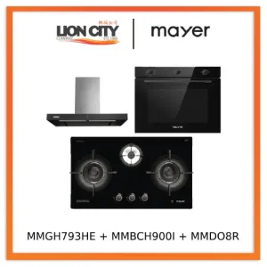Mayer MMGH793HE 76cm 3 Burner Gas Hob   MMBCH900I Chimney Hood   MMDO8R 60 cm Built-in Oven with Smoke Ventilation