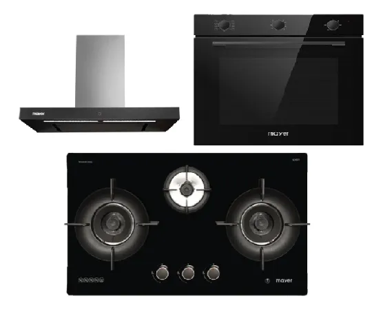 Mayer MMGH793HE 76cm 3 Burner Gas Hob   MMBCH900I Chimney Hood   MMDO8R 60 cm Built-in Oven with Smoke Ventilation