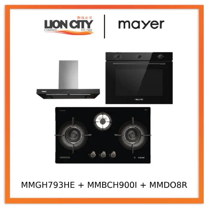 Mayer MMGH793HE 76cm 3 Burner Gas Hob   MMBCH900I Chimney Hood   MMDO8R 60 cm Built-in Oven with Smoke Ventilation