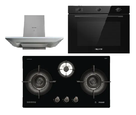 Mayer MMGH793HE 76cm 3 Burner Gas Hob   MMCH905 90cm Chimney Hood   MMDO8R 60 cm Built-in Oven with Smoke Ventilation