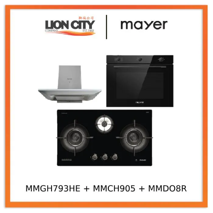 Mayer MMGH793HE 76cm 3 Burner Gas Hob   MMCH905 90cm Chimney Hood   MMDO8R 60 cm Built-in Oven with Smoke Ventilation