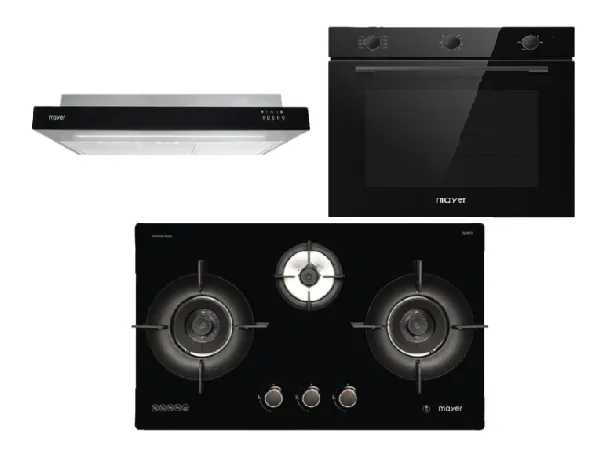 Mayer MMGH793HE 76cm 3 Burner Gas Hob   MMSI900LEDHS 90cm Semi-integrated Slimline Hood   MMDO8R 60 cm Built-in Oven with Smoke Ventilation