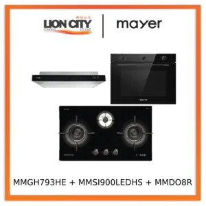 Mayer MMGH793HE 76cm 3 Burner Gas Hob   MMSI900LEDHS 90cm Semi-integrated Slimline Hood   MMDO8R 60 cm Built-in Oven with Smoke Ventilation