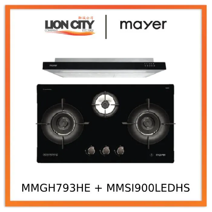 Mayer MMGH793HE 76cm 3 Burner Gas Hob   MMSI900LEDHS 90cm Semi-integrated Slimline Hood