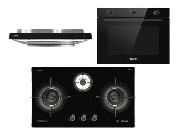 Mayer MMGH793HE 76cm 3 Burner Gas Hob   MMSI903OT Cm Semi-integrated Hood With Oil Tray   MMDO8R 60 cm Built-in Oven with Smoke Ventilation