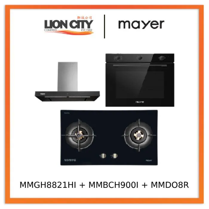 Mayer MMGH8821HI 86cm 2 Burner Glass Gas Hob   MMBCH900I Chimney Hood   MMDO8R 60 cm Built-in Oven with Smoke Ventilation