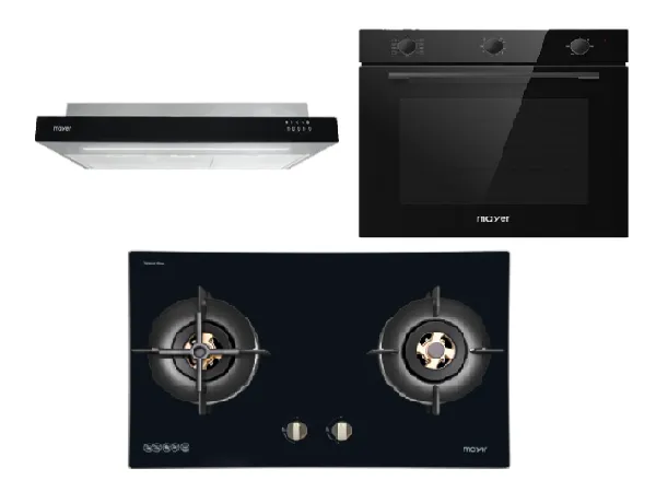 Mayer MMGH8821HI 86cm 2 Burner Glass Gas Hob   MMSI900LEDHS 90cm Semi-integrated Slimline Hood   MMDO8R 60 cm Built-in Oven with Smoke Ventilation