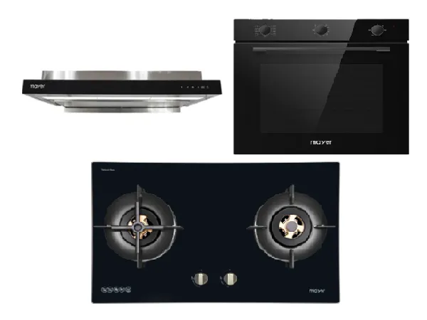 Mayer MMGH8821HI 86cm 2 Burner Glass Gas Hob   MMSI903OT Cm Semi-integrated Hood With Oil Tray   MMDO8R 60 cm Built-in Oven with Smoke Ventilation