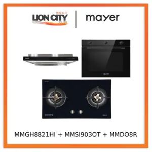 Mayer MMGH8821HI 86cm 2 Burner Glass Gas Hob   MMSI903OT Cm Semi-integrated Hood With Oil Tray   MMDO8R 60 cm Built-in Oven with Smoke Ventilation