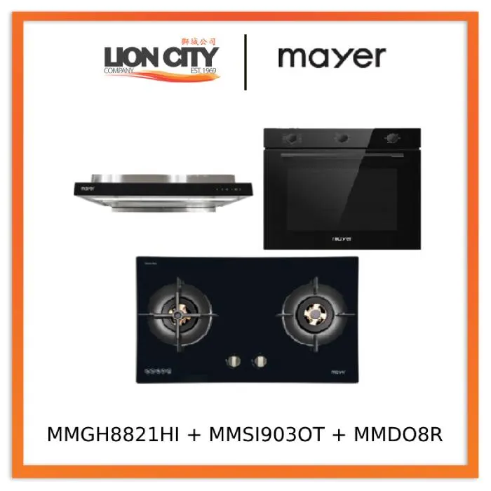 Mayer MMGH8821HI 86cm 2 Burner Glass Gas Hob   MMSI903OT Cm Semi-integrated Hood With Oil Tray   MMDO8R 60 cm Built-in Oven with Smoke Ventilation