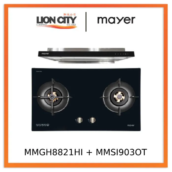 Mayer MMGH8821HI 86cm 2 Burner Glass Gas Hob   MMSI903OT Cm Semi-integrated Hood With Oil Tray