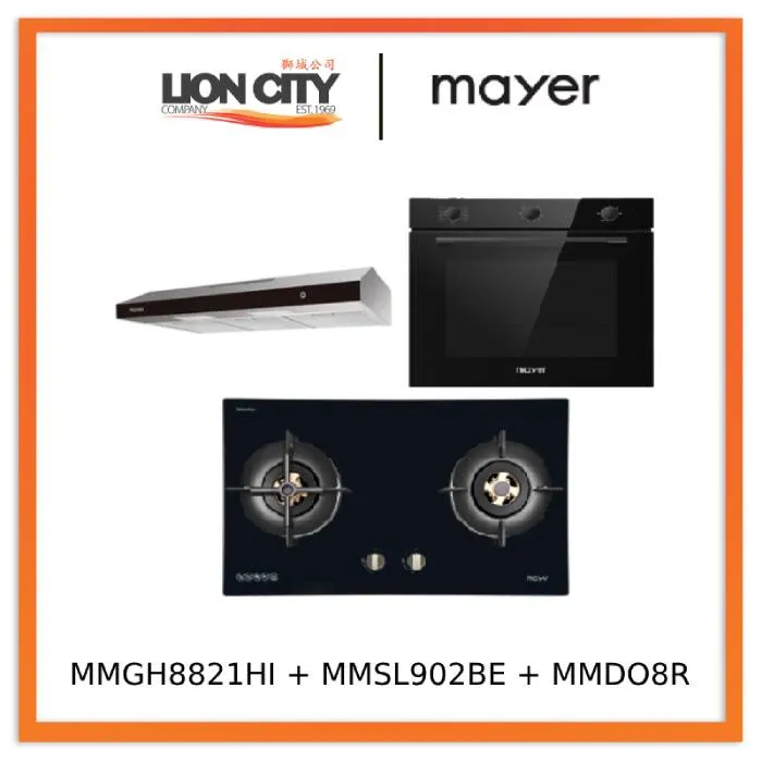 Mayer MMGH8821HI 86cm 2 Burner Glass Gas Hob   MMSL902BE  90cm Slimline Hood   MMDO8R 60 cm Built-in Oven with Smoke Ventilation