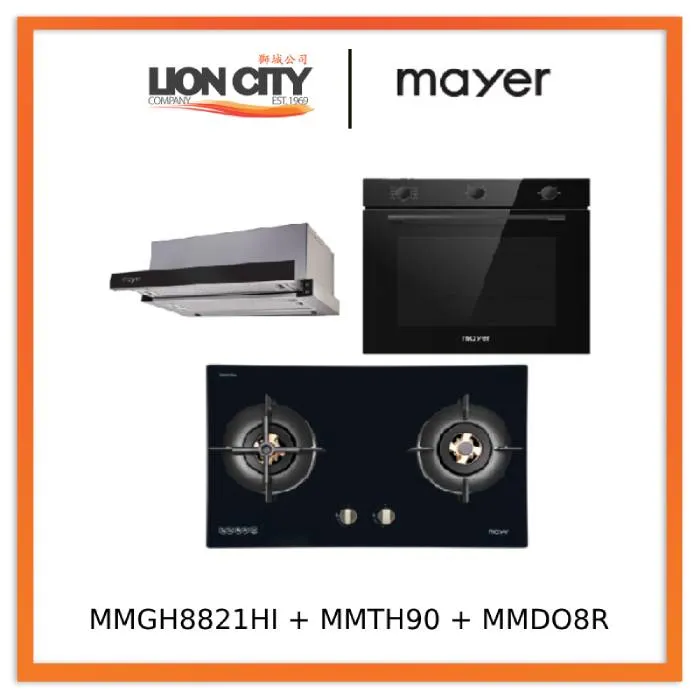 Mayer MMGH8821HI 86cm 2 Burner Glass Gas Hob   MMTH90 Telescopic Hood   MMDO8R 60 cm Built-in Oven with Smoke Ventilation