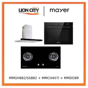 Mayer MMGH882/SS882 Built-In Gas Hob 2 Burners   MMCH407I 90cm Chimney Hood   MMDO8R 60 cm Built-in Oven with Smoke Ventilation