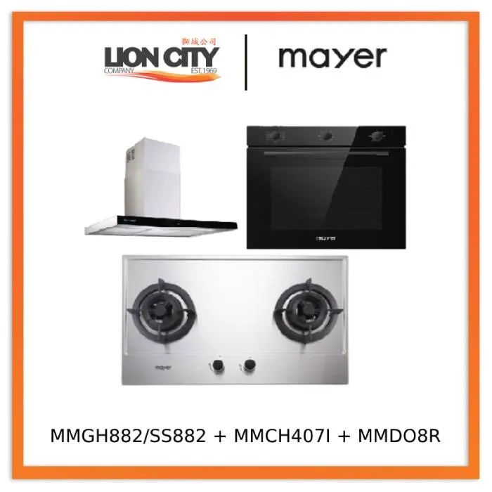 Mayer MMGH882/SS882 Built-In Gas Hob 2 Burners   MMCH407I 90cm Chimney Hood   MMDO8R 60 cm Built-in Oven with Smoke Ventilation