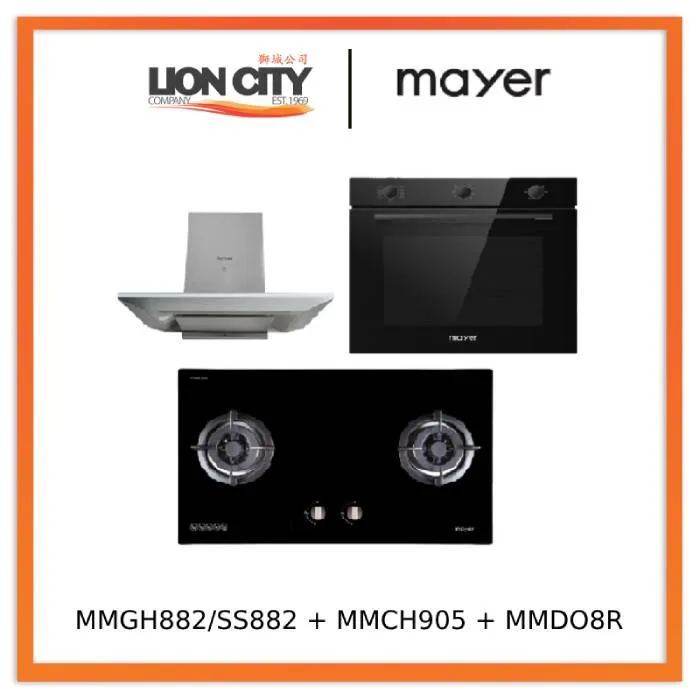 Mayer MMGH882/SS882 Built-In Gas Hob 2 Burners   MMCH905 90cm Chimney Hood   MMDO8R 60 cm Built-in Oven with Smoke Ventilation