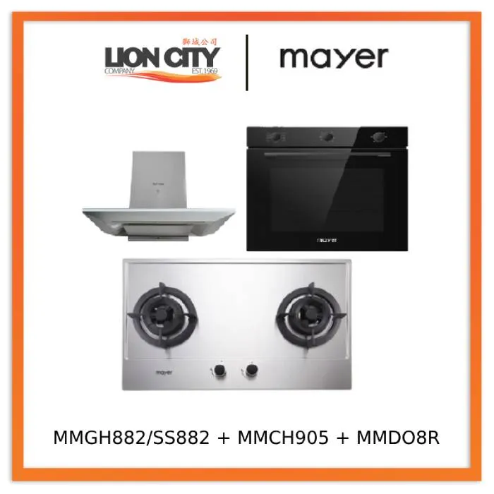 Mayer MMGH882/SS882 Built-In Gas Hob 2 Burners   MMCH905 90cm Chimney Hood   MMDO8R 60 cm Built-in Oven with Smoke Ventilation