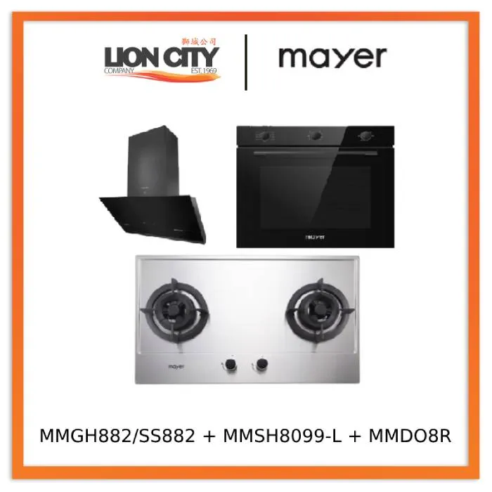 Mayer MMGH882/SS882 Built-In Gas Hob 2 Burners     MMSH8099-L Angled Chimney Hood   MMDO8R 60 cm Built-in Oven with Smoke Ventilation
