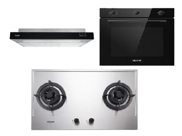 Mayer MMGH882/SS882 Built-In Gas Hob 2 Burners   MMSI900LEDHS 90cm Semi-integrated Slimline Hood   MMDO8R 60 cm Built-in Oven with Smoke Ventilation