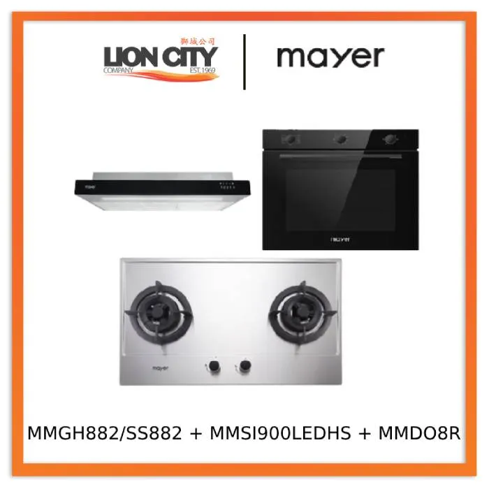 Mayer MMGH882/SS882 Built-In Gas Hob 2 Burners   MMSI900LEDHS 90cm Semi-integrated Slimline Hood   MMDO8R 60 cm Built-in Oven with Smoke Ventilation