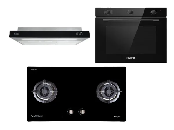 Mayer MMGH882/SS882 Built-In Gas Hob 2 Burners   MMSI900LEDHS 90cm Semi-integrated Slimline Hood   MMDO8R 60 cm Built-in Oven with Smoke Ventilation