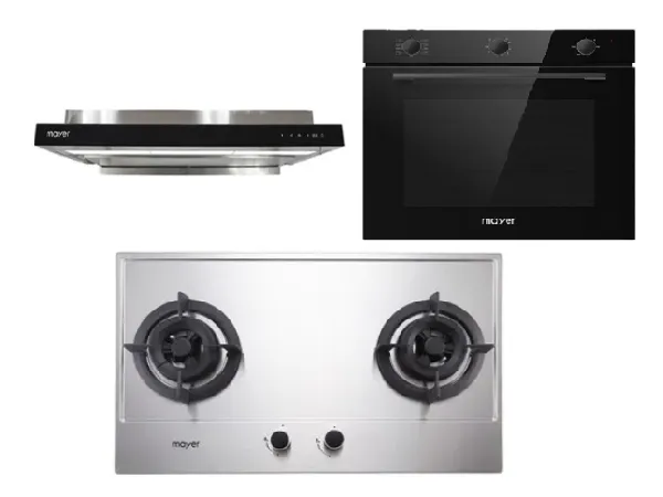 Mayer MMGH882/SS882 Built-In Gas Hob 2 Burners   MMSI903OT Cm Semi-integrated Hood With Oil Tray   MMDO8R 60 cm Built-in Oven with Smoke Ventilation