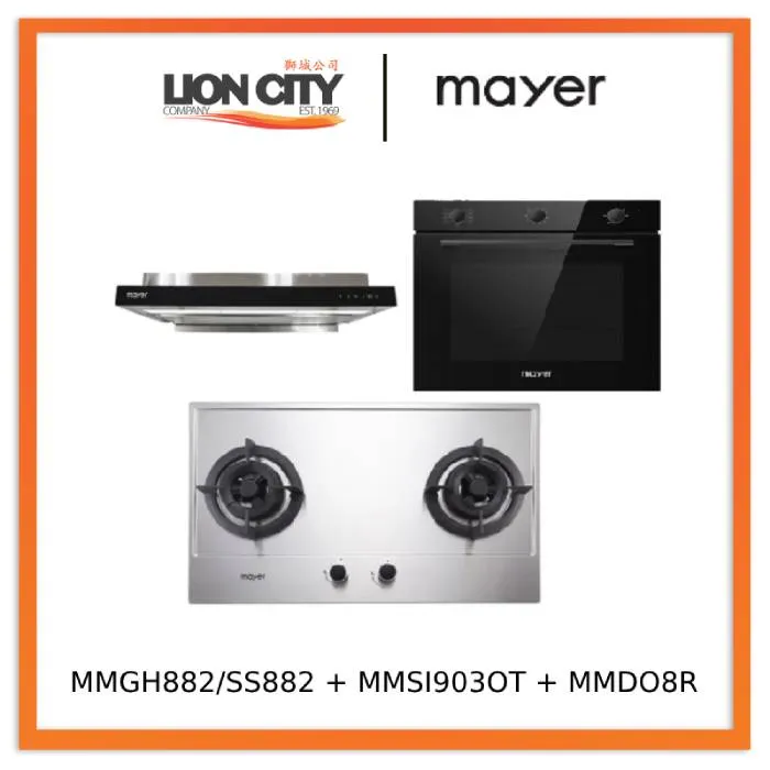 Mayer MMGH882/SS882 Built-In Gas Hob 2 Burners   MMSI903OT Cm Semi-integrated Hood With Oil Tray   MMDO8R 60 cm Built-in Oven with Smoke Ventilation
