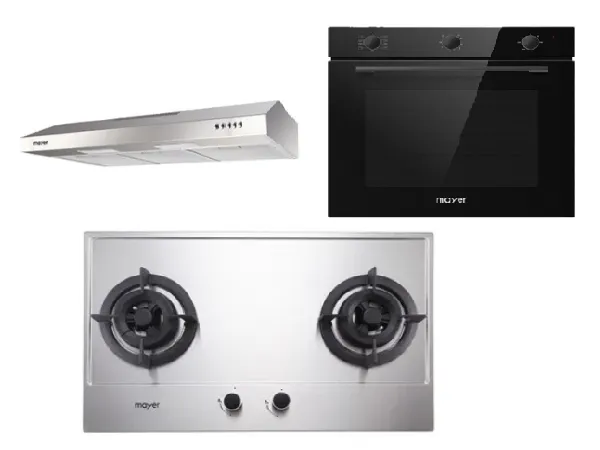 Mayer MMGH882/SS882 Built-In Gas Hob 2 Burners   MMSL901SM 90 Cm Slimline Hood   MMDO8R 60 cm Built-in Oven with Smoke Ventilation