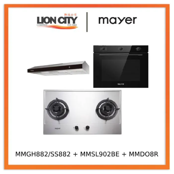 Mayer MMGH882/SS882 Built-In Gas Hob 2 Burners   MMSL902BE  90cm Slimline Hood   MMDO8R 60 cm Built-in Oven with Smoke Ventilation