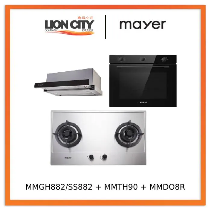Mayer MMGH882/SS882 Built-In Gas Hob 2 Burners   MMTH90 Telescopic Hood (90CM)   MMDO8R 60 cm Built-in Oven with Smoke Ventilation