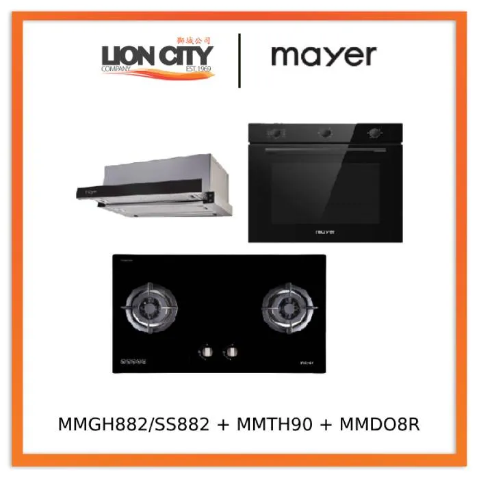 Mayer MMGH882/SS882 Built-In Gas Hob 2 Burners   MMTH90 Telescopic Hood (90CM)   MMDO8R 60 cm Built-in Oven with Smoke Ventilation