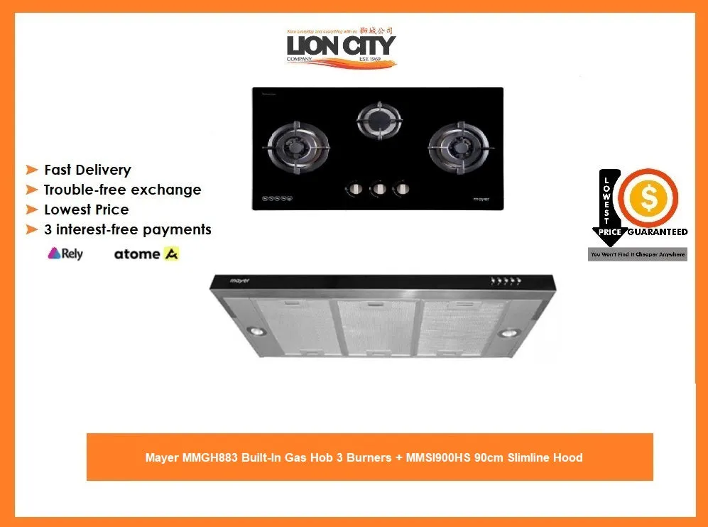 Mayer MMGH883 Built-In Gas Hob 3 Burners   MMSI900HS 90cm Slimline Hood