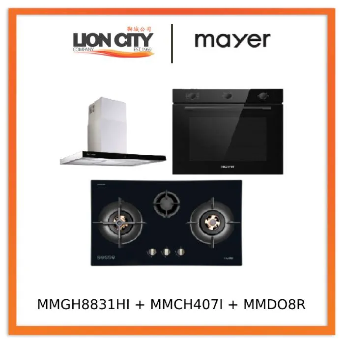 Mayer MMGH8831HI 86cm 3 Burner Glass Gas Hob   MMCH407I 90cm Chimney Hood   MMDO8R 60 cm Built-in Oven with Smoke Ventilation