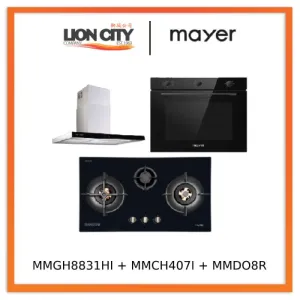 Mayer MMGH8831HI 86cm 3 Burner Glass Gas Hob   MMCH407I 90cm Chimney Hood   MMDO8R 60 cm Built-in Oven with Smoke Ventilation