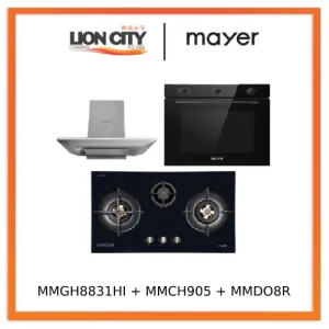 Mayer MMGH8831HI 86cm 3 Burner Glass Gas Hob   MMCH905 90cm Chimney Hood   MMDO8R 60 cm Built-in Oven with Smoke Ventilation