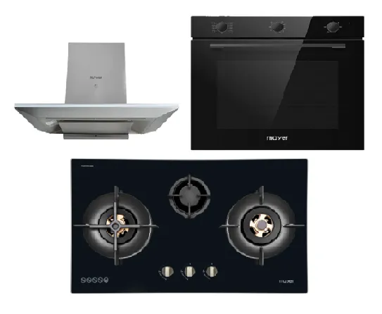 Mayer MMGH8831HI 86cm 3 Burner Glass Gas Hob   MMCH905 90cm Chimney Hood   MMDO8R 60 cm Built-in Oven with Smoke Ventilation