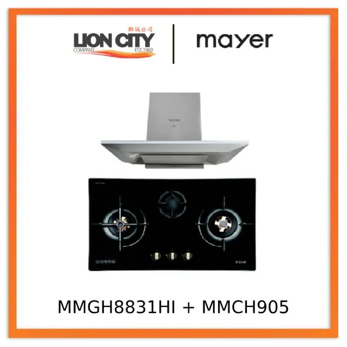 Mayer MMGH8831HI 86cm 3 Burner Glass Gas Hob   MMCH905 90cm Chimney Hood