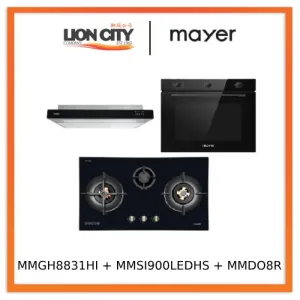Mayer MMGH8831HI 86cm 3 Burner Glass Gas Hob   MMSI900LEDHS 90cm Semi-integrated Slimline Hood   MMDO8R 60 cm Built-in Oven with Smoke Ventilation