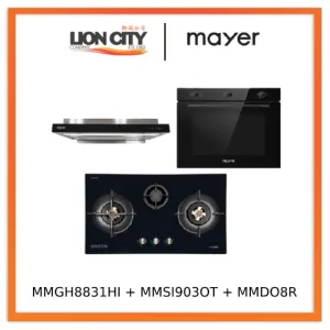 Mayer MMGH8831HI 86cm 3 Burner Glass Gas Hob   MMSI903OT Cm Semi-integrated Hood With Oil Tray   MMDO8R 60 cm Built-in Oven with Smoke Ventilation