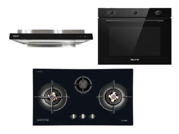 Mayer MMGH8831HI 86cm 3 Burner Glass Gas Hob   MMSI903OT Cm Semi-integrated Hood With Oil Tray   MMDO8R 60 cm Built-in Oven with Smoke Ventilation