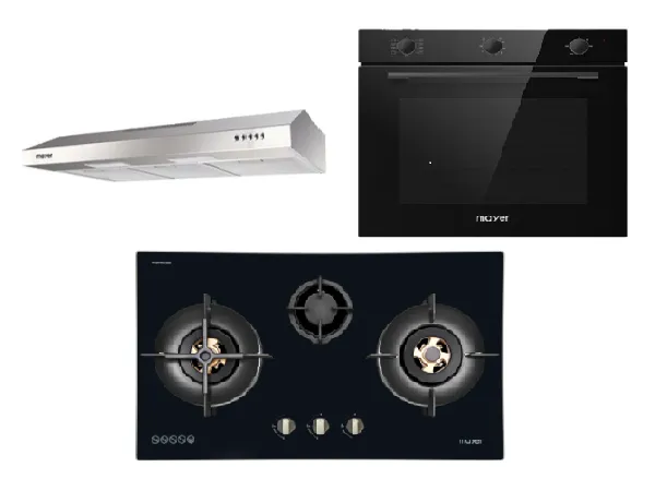 Mayer MMGH8831HI 86cm 3 Burner Glass Gas Hob   MMSL901SM 90 Cm Slimline Hood   MMDO8R 60 cm Built-in Oven with Smoke Ventilation