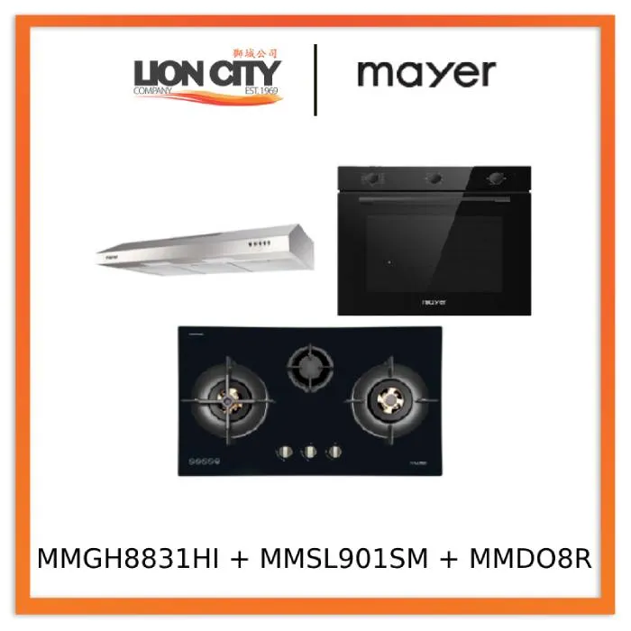 Mayer MMGH8831HI 86cm 3 Burner Glass Gas Hob   MMSL901SM 90 Cm Slimline Hood   MMDO8R 60 cm Built-in Oven with Smoke Ventilation
