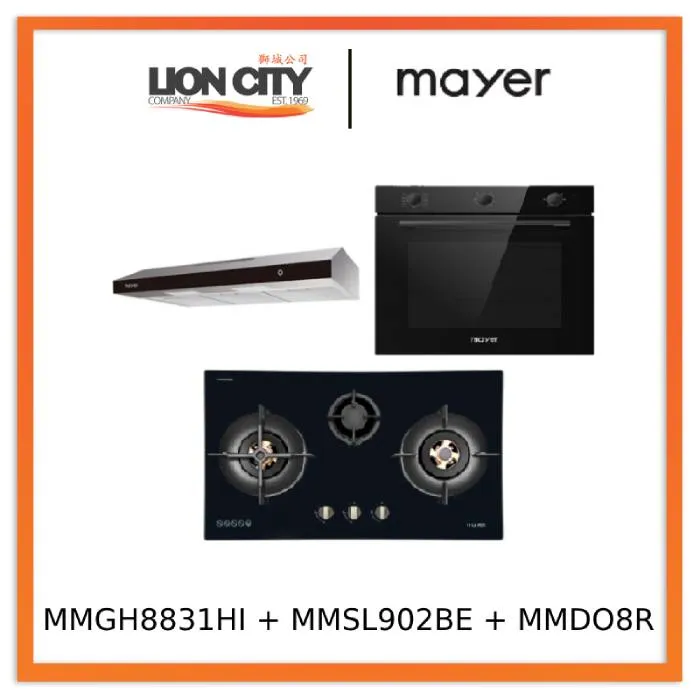 Mayer MMGH8831HI 86cm 3 Burner Glass Gas Hob   MMSL902BE  90cm Slimline Hood   MMDO8R 60 cm Built-in Oven with Smoke Ventilation