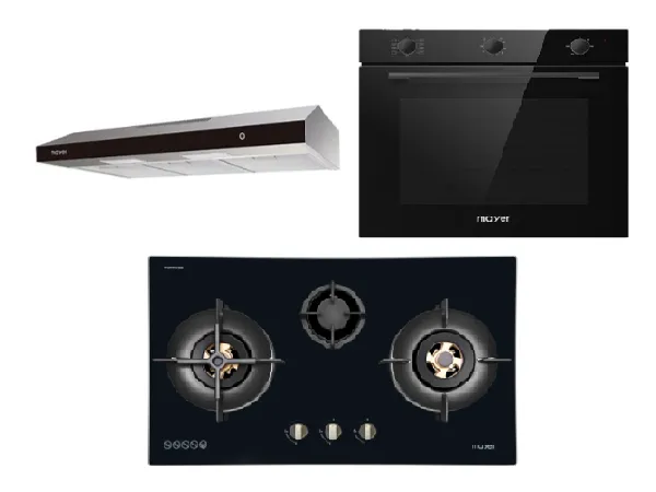 Mayer MMGH8831HI 86cm 3 Burner Glass Gas Hob   MMSL902BE  90cm Slimline Hood   MMDO8R 60 cm Built-in Oven with Smoke Ventilation