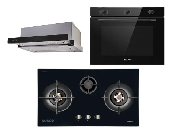 Mayer MMGH8831HI 86cm 3 Burner Glass Gas Hob   MMTH90 Telescopic Hood   MMDO8R 60 cm Built-in Oven with Smoke Ventilation