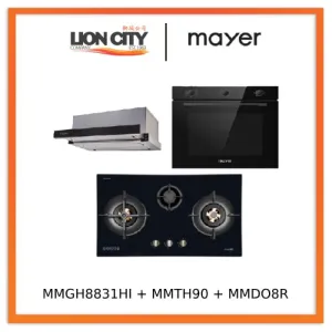 Mayer MMGH8831HI 86cm 3 Burner Glass Gas Hob   MMTH90 Telescopic Hood   MMDO8R 60 cm Built-in Oven with Smoke Ventilation