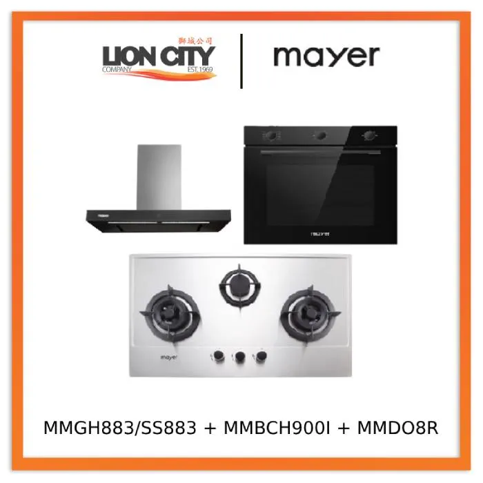 Mayer MMGH883/SS883 86cm 3 Burner Stainless Steel Gas Hob   MMBCH900I Chimney Hood   MMDO8R 60 cm Built-in Oven with Smoke Ventilation