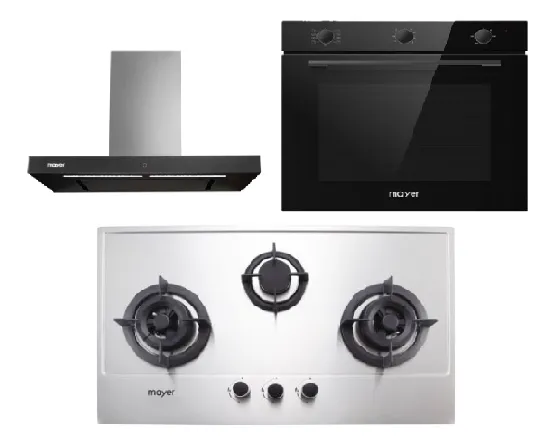 Mayer MMGH883/SS883 86cm 3 Burner Stainless Steel Gas Hob   MMBCH900I Chimney Hood   MMDO8R 60 cm Built-in Oven with Smoke Ventilation