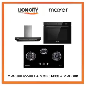 Mayer MMGH883/SS883 86cm 3 Burner Stainless Steel Gas Hob   MMBCH900I Chimney Hood   MMDO8R 60 cm Built-in Oven with Smoke Ventilation